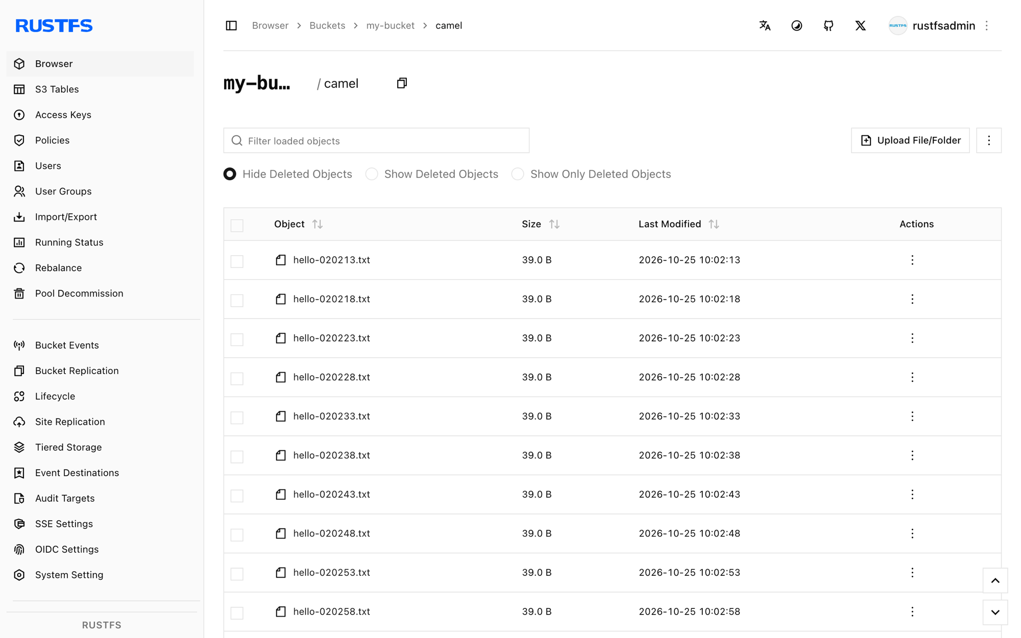 Apache Camel route objects in the RustFS Console